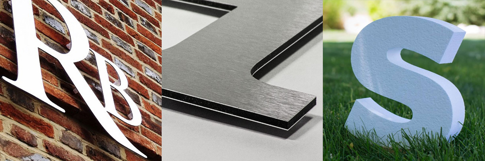 Left to Right: White or Black Alupanel / Brushed Silver Alupanel / Large Foam Letters/Numbers. Different thicknesses. Hot Wire Foam Cutting.
