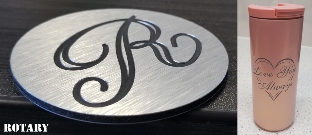 Left: Deep Rotary Engraved brushed silver Dibond - Great for larger text and logos - Indoor & Outdoor
Right: Laser Engraved mugs, coffee cups, water bottles. Sample is a Starbucks mug engraved with the artwork