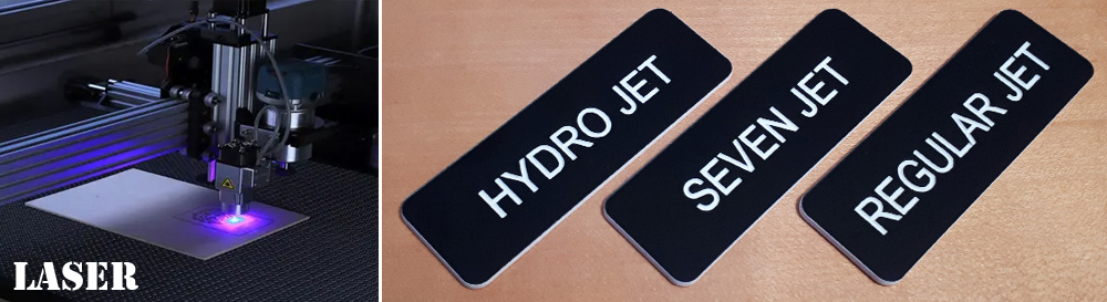 Left: Laser Engraving in progress, amazing quality and detail - Right: White Letters Laser Engraved on Black Plexi / Plastic
